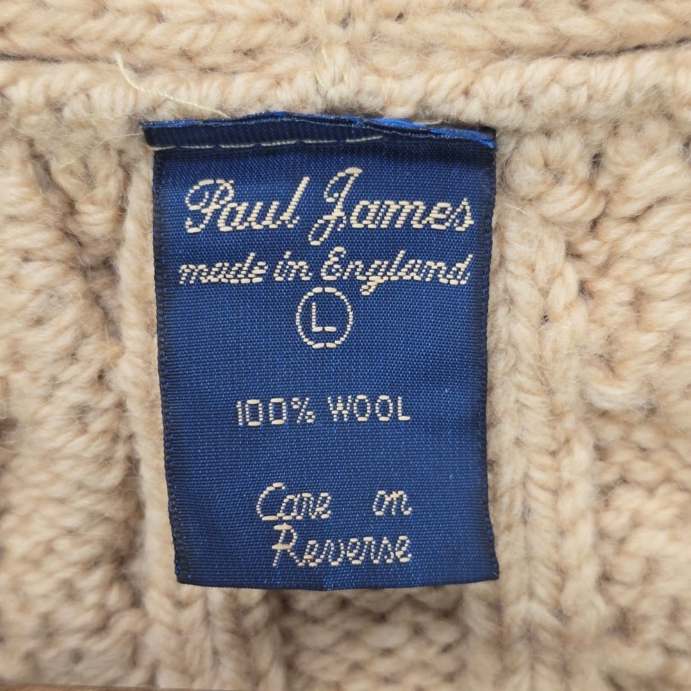 Vintage 80s Paul James Cable Knit Cardigan M Tan Open Front 100% Wool England UK - Picture 6 of 7